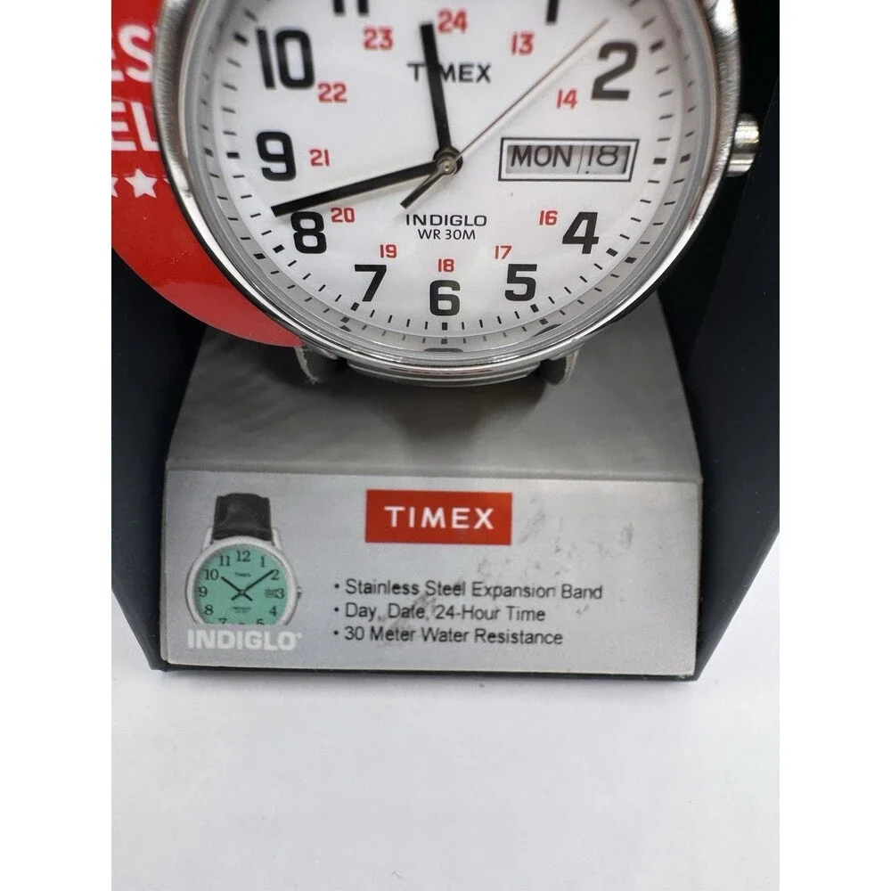 Mens Timex Easy Reader Indiglo Watch 35mm Silver Tone Stretch Day-Date New